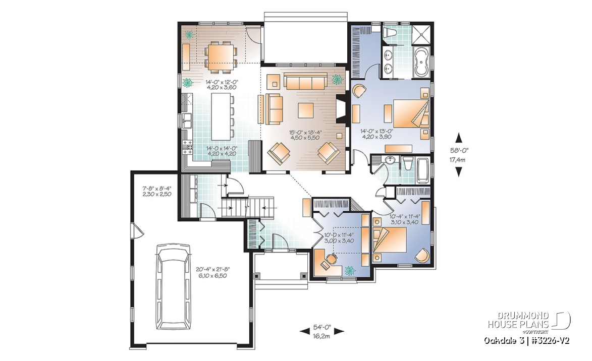 1st level - U shape Ranch house plan, 2-car garage, master suite, large kitchen with island, high ceiling, bonus room - Oakdale 3