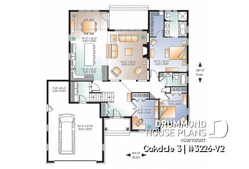 1st level - U shape Ranch house plan, 2-car garage, master suite, large kitchen with island, high ceiling, bonus room - Oakdale 3