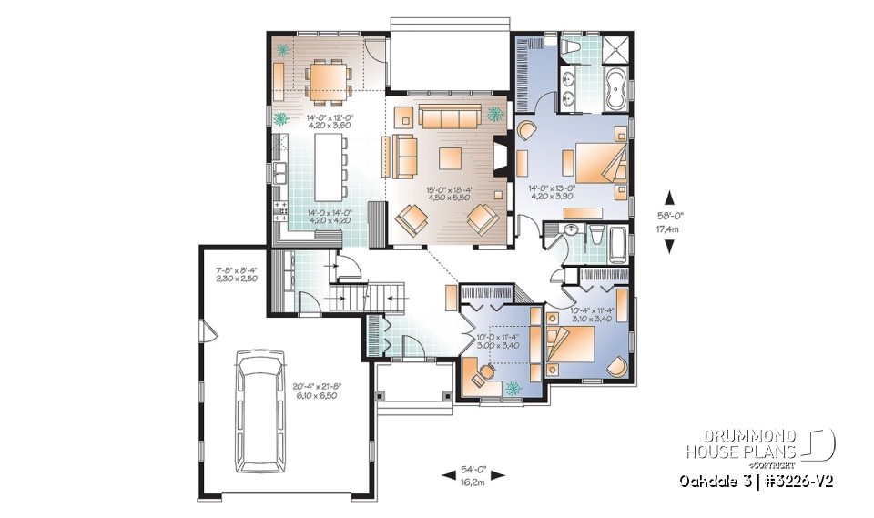 1st level - U shape Ranch house plan, 2-car garage, master suite, large kitchen with island, high ceiling, bonus room - Oakdale 3