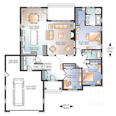 1st level - U shape Ranch house plan, 2-car garage, master suite, large kitchen with island, high ceiling, bonus room - Oakdale 3