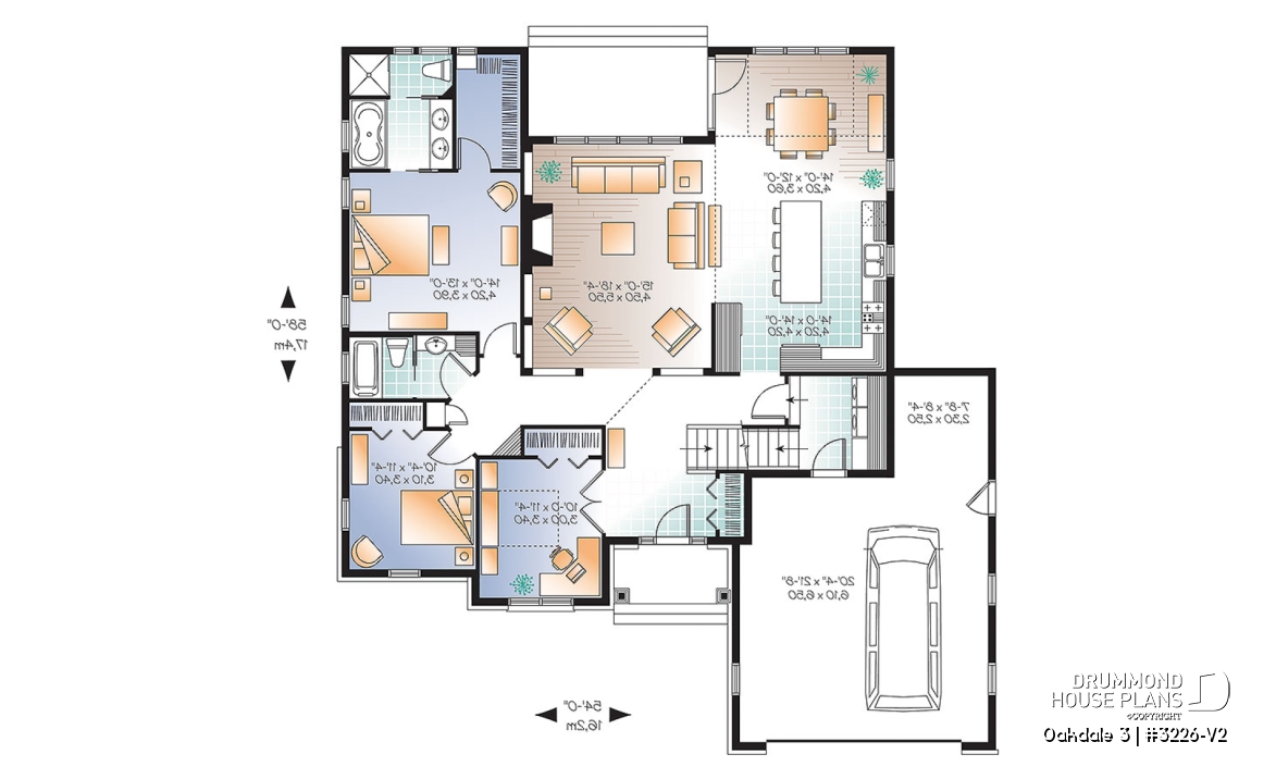 1st level - U shape Ranch house plan, 2-car garage, master suite, large kitchen with island, high ceiling, bonus room - Oakdale 3