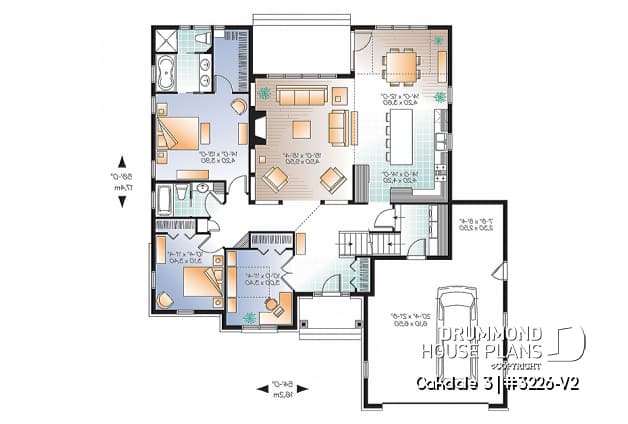 1st level - U shape Ranch house plan, 2-car garage, master suite, large kitchen with island, high ceiling, bonus room - Oakdale 3