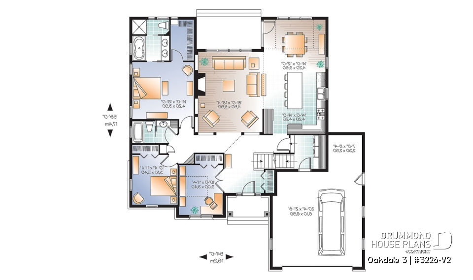 1st level - U shape Ranch house plan, 2-car garage, master suite, large kitchen with island, high ceiling, bonus room - Oakdale 3