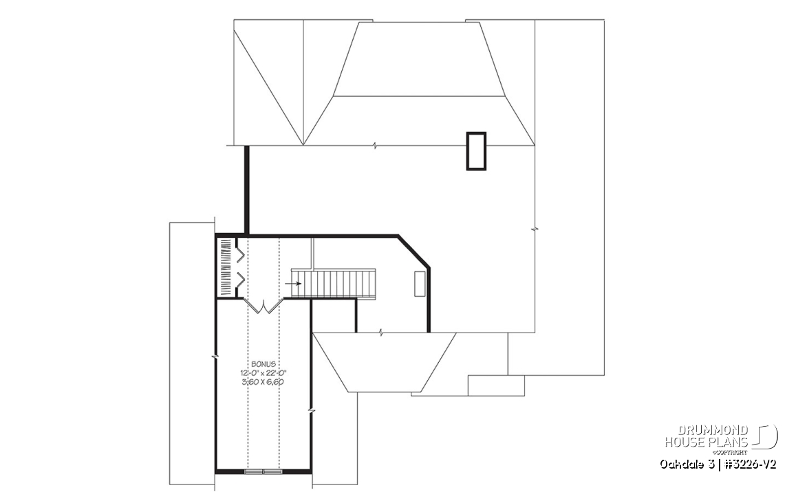 Bonus space - U shape Ranch house plan, 2-car garage, master suite, large kitchen with island, high ceiling, bonus room - Oakdale 3
