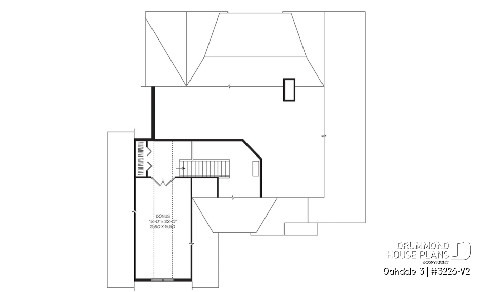 Bonus space - U shape Ranch house plan, 2-car garage, master suite, large kitchen with island, high ceiling, bonus room - Oakdale 3