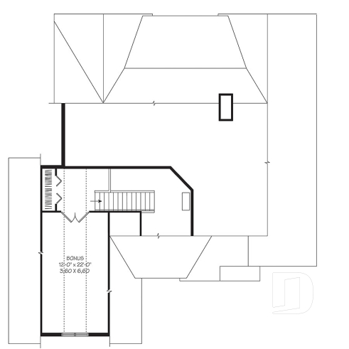 Bonus space - U shape Ranch house plan, 2-car garage, master suite, large kitchen with island, high ceiling, bonus room - Oakdale 3