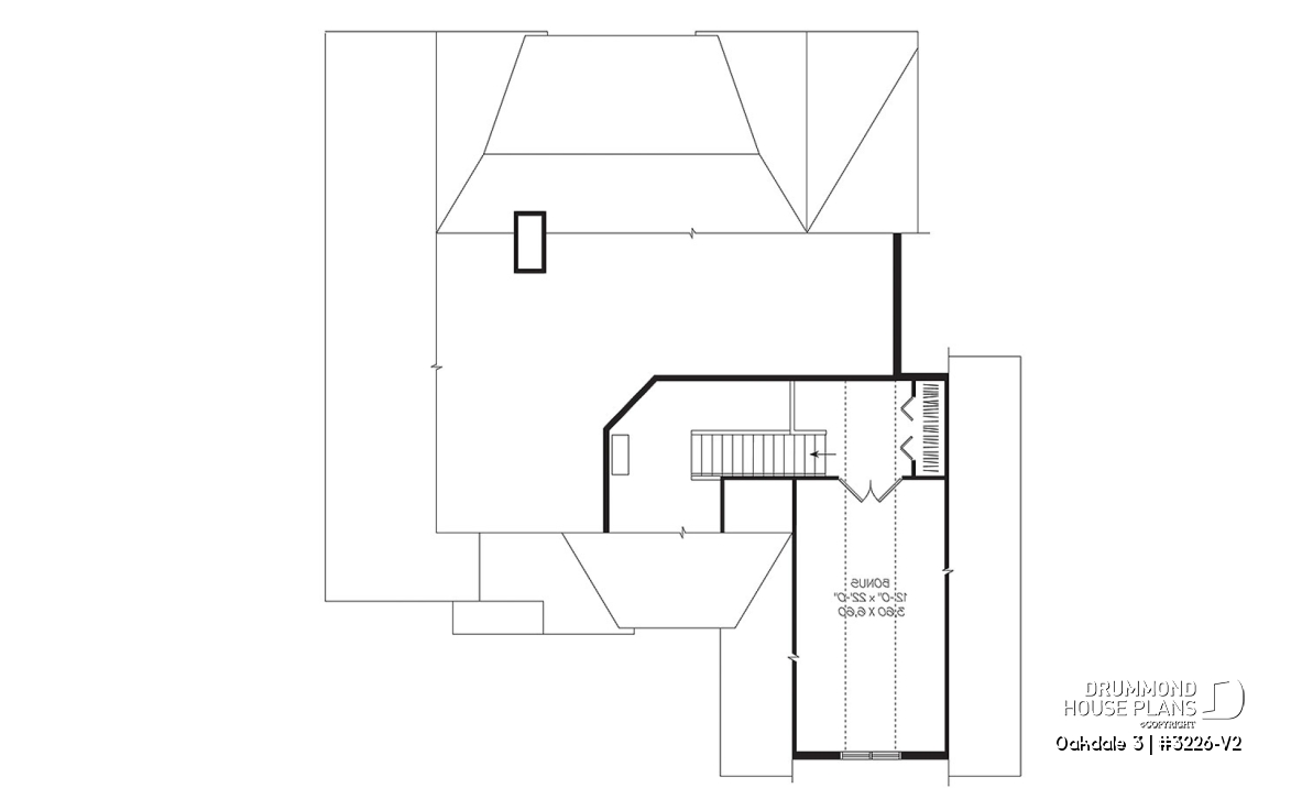 Bonus space - U shape Ranch house plan, 2-car garage, master suite, large kitchen with island, high ceiling, bonus room - Oakdale 3
