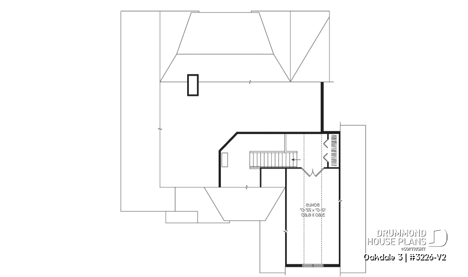 Bonus space - U shape Ranch house plan, 2-car garage, master suite, large kitchen with island, high ceiling, bonus room - Oakdale 3