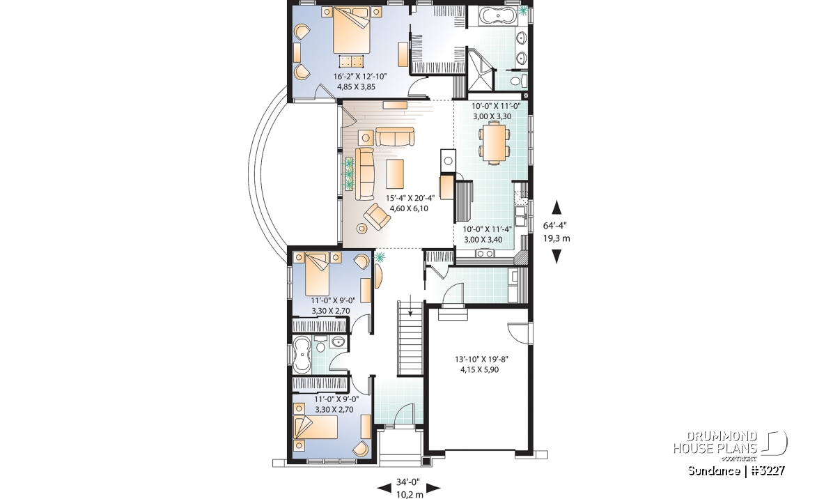 1st level - 3 bedroom Craftsman house plan with ensuite, fireplace, mud room, side lanai and lots of light - Sundance