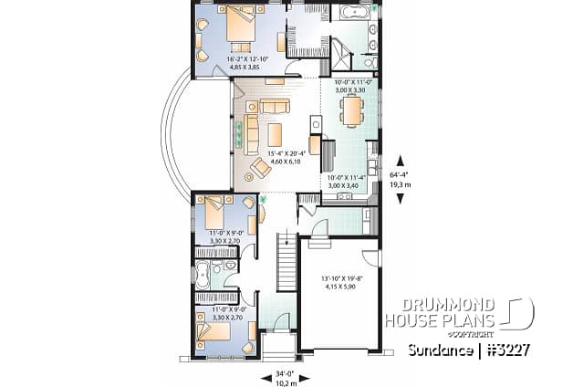 1st level - 3 bedroom Craftsman house plan with ensuite, fireplace, mud room, side lanai and lots of light - Sundance