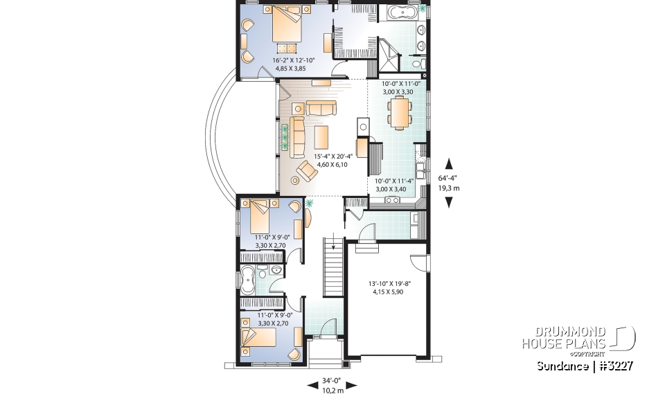 1st level - 3 bedroom Craftsman house plan with ensuite, fireplace, mud room, side lanai and lots of light - Sundance