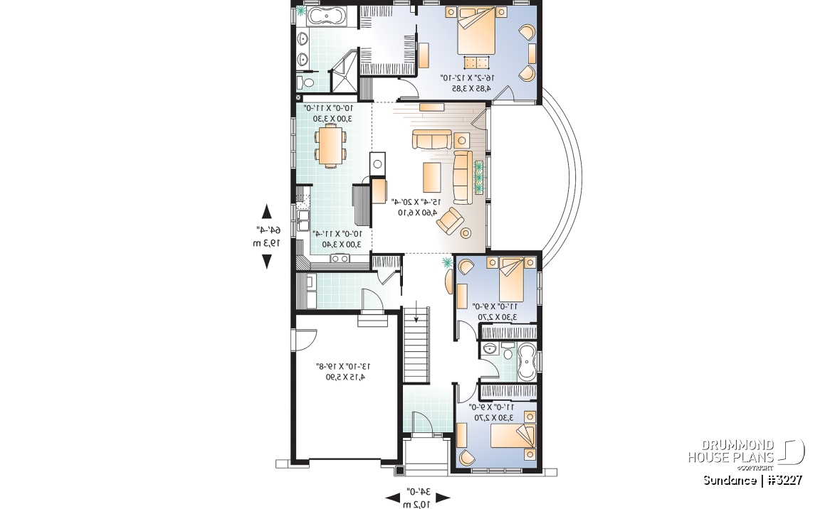 1st level - 3 bedroom Craftsman house plan with ensuite, fireplace, mud room, side lanai and lots of light - Sundance