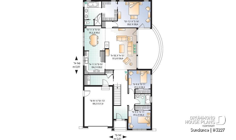 1st level - 3 bedroom Craftsman house plan with ensuite, fireplace, mud room, side lanai and lots of light - Sundance