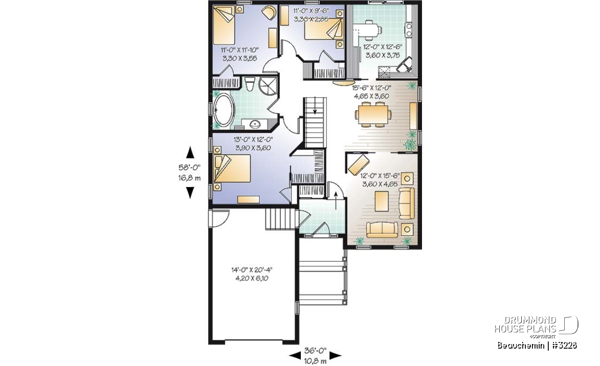 1st level - Traditional bungalow with 3 bedrooms on same level, 1-car garage, ideal for narrow lot - Beauchemin