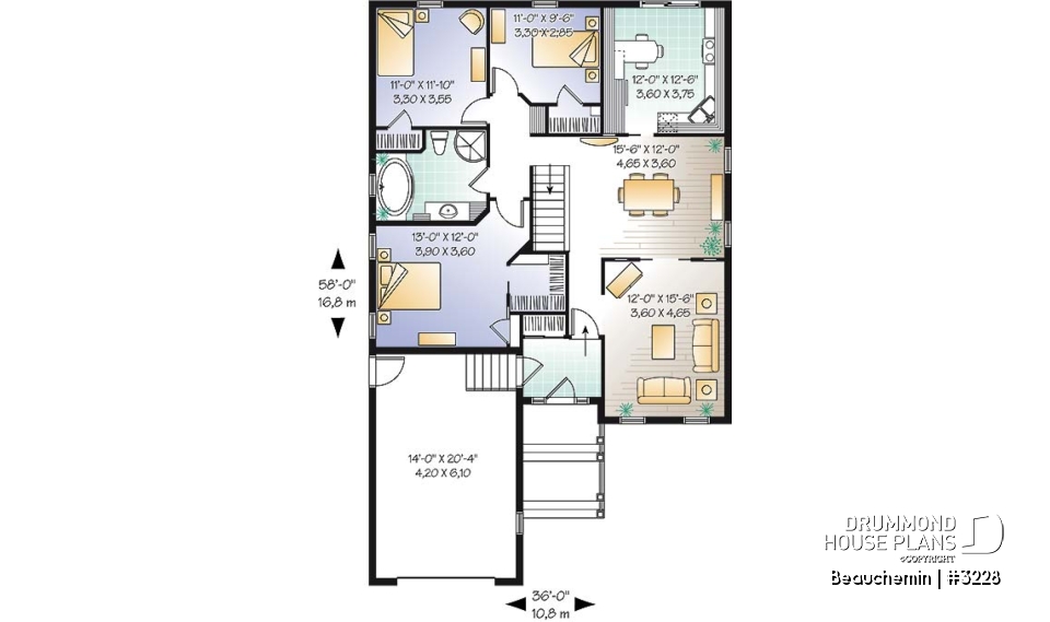 1st level - Traditional bungalow with 3 bedrooms on same level, 1-car garage, ideal for narrow lot - Beauchemin