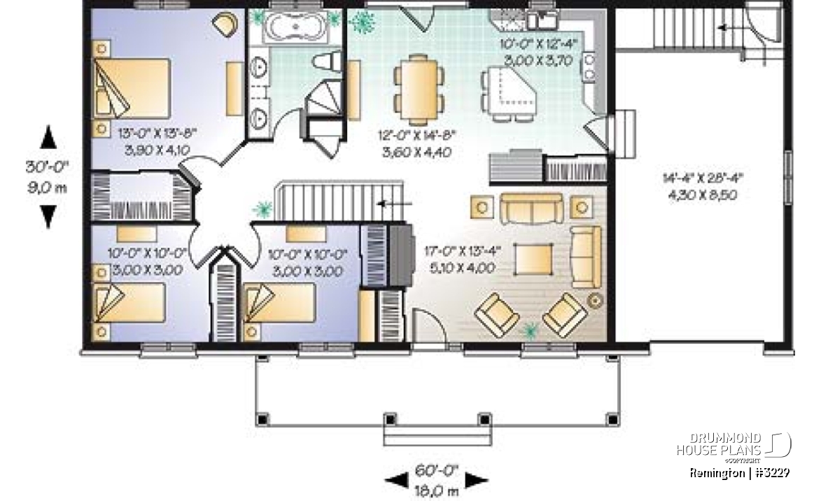 1st level - 3 bedroom ranch house plan with 3 bedrooms, covered porch and garage - Remington