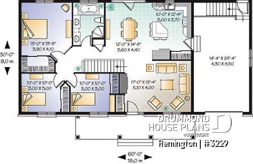 1st level - 3 bedroom ranch house plan with 3 bedrooms, covered porch and garage - Remington