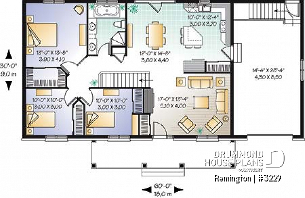 1st level - 3 bedroom ranch house plan with 3 bedrooms, covered porch and garage - Remington
