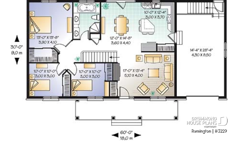 1st level - 3 bedroom ranch house plan with 3 bedrooms, covered porch and garage - Remington