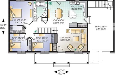 1st level - 3 bedroom ranch house plan with 3 bedrooms, covered porch and garage - Remington