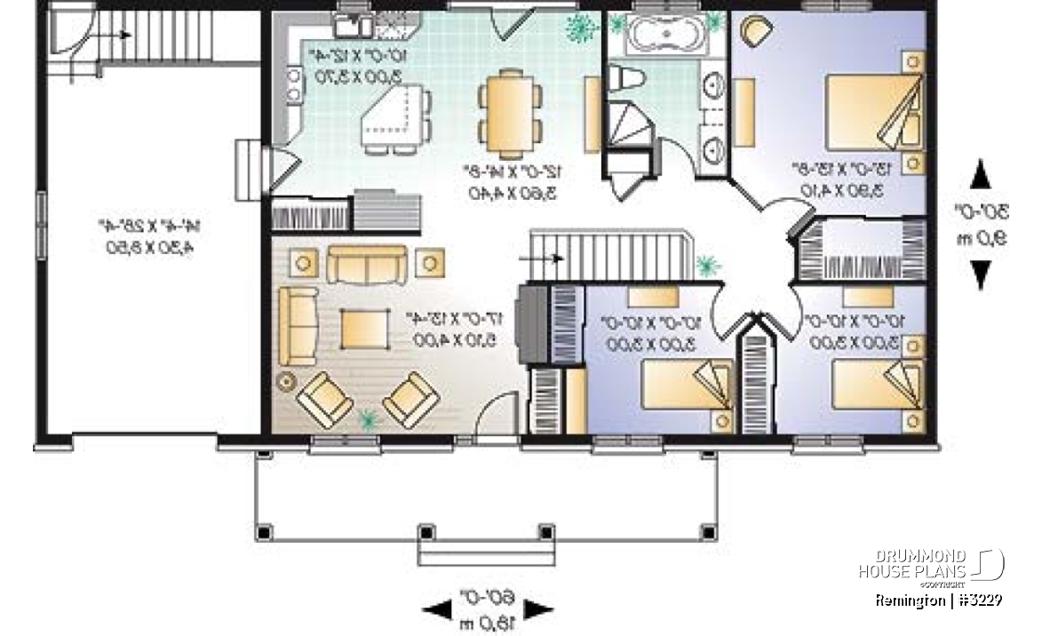 1st level - 3 bedroom ranch house plan with 3 bedrooms, covered porch and garage - Remington