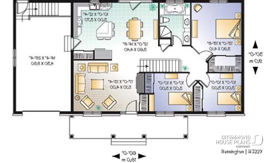 1st level - 3 bedroom ranch house plan with 3 bedrooms, covered porch and garage - Remington