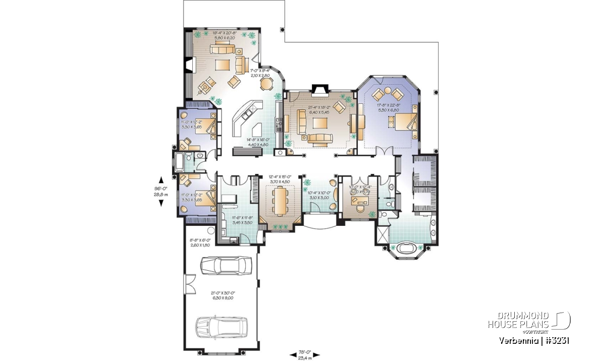 1st level - 3 to 4 bedroom mediteranean luxury villa house plan, 3 car garage, split bedroom floor plan, 2 fireplaces - Verbennia