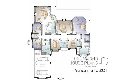 1st level - 3 to 4 bedroom mediteranean luxury villa house plan, 3 car garage, split bedroom floor plan, 2 fireplaces - Verbennia