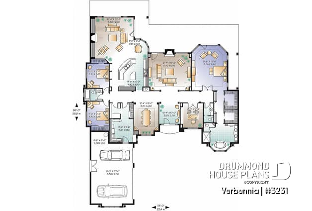 1st level - 3 to 4 bedroom mediteranean luxury villa house plan, 3 car garage, split bedroom floor plan, 2 fireplaces - Verbennia