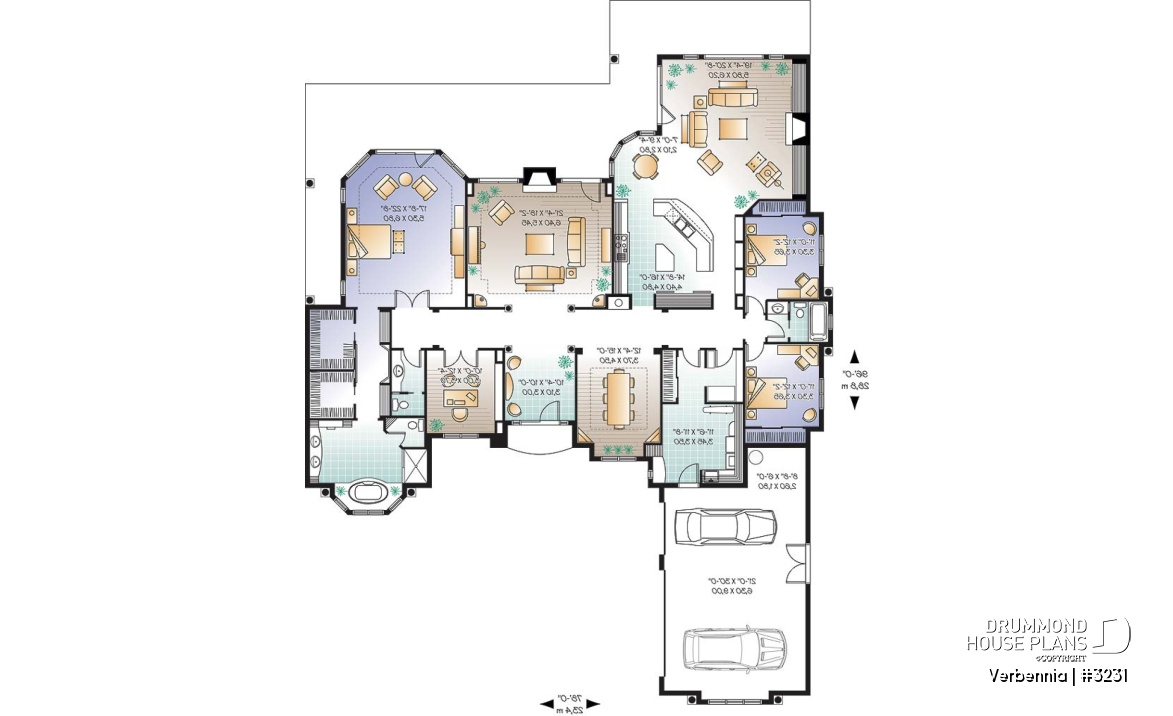 1st level - 3 to 4 bedroom mediteranean luxury villa house plan, 3 car garage, split bedroom floor plan, 2 fireplaces - Verbennia
