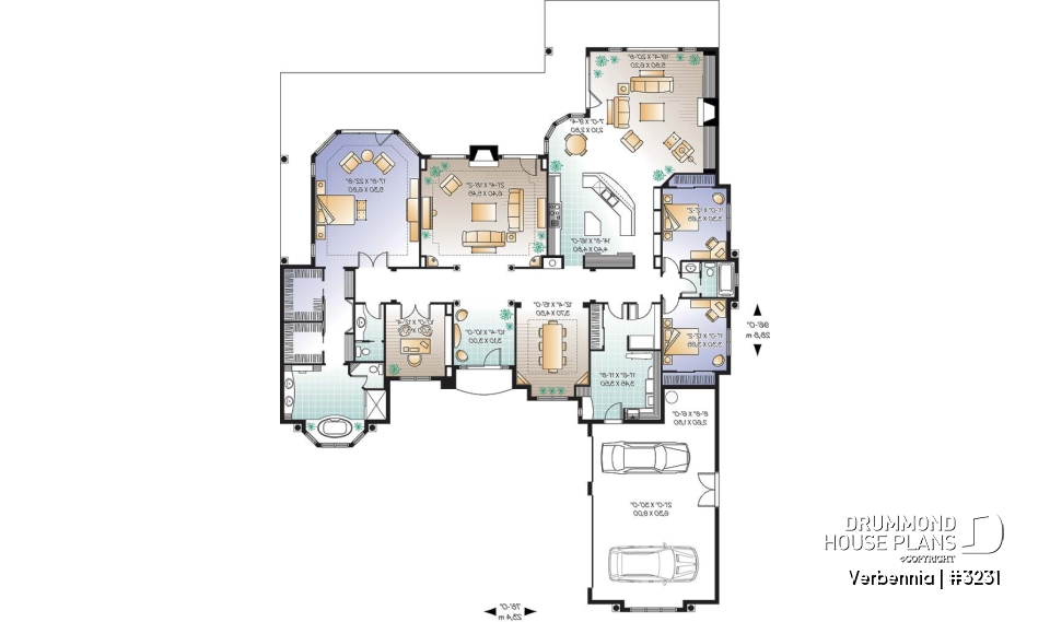 1st level - 3 to 4 bedroom mediteranean luxury villa house plan, 3 car garage, split bedroom floor plan, 2 fireplaces - Verbennia