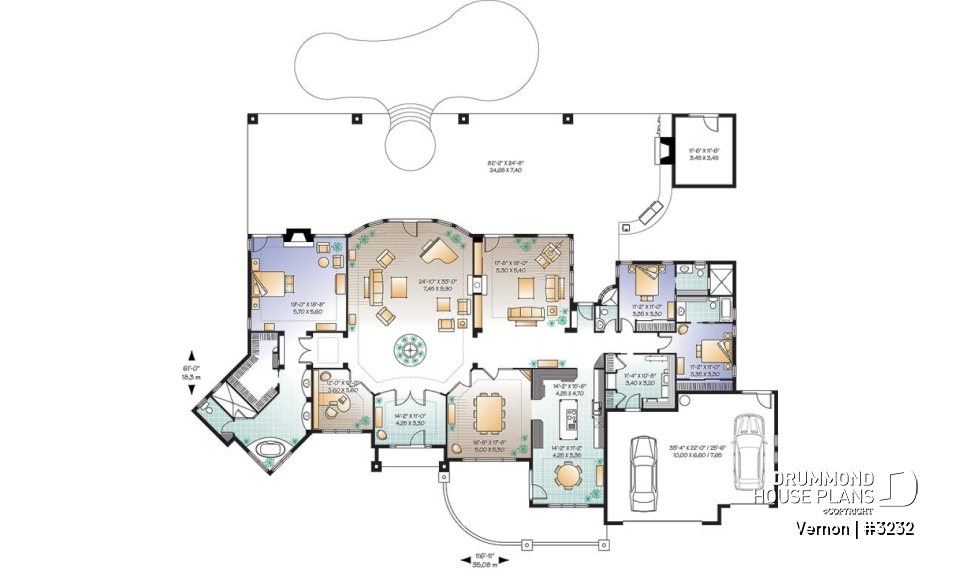 1st level - 3 bedroom mediteranean luxury house plan with 10' ceilings, formal dining and living room, garage - Vernon