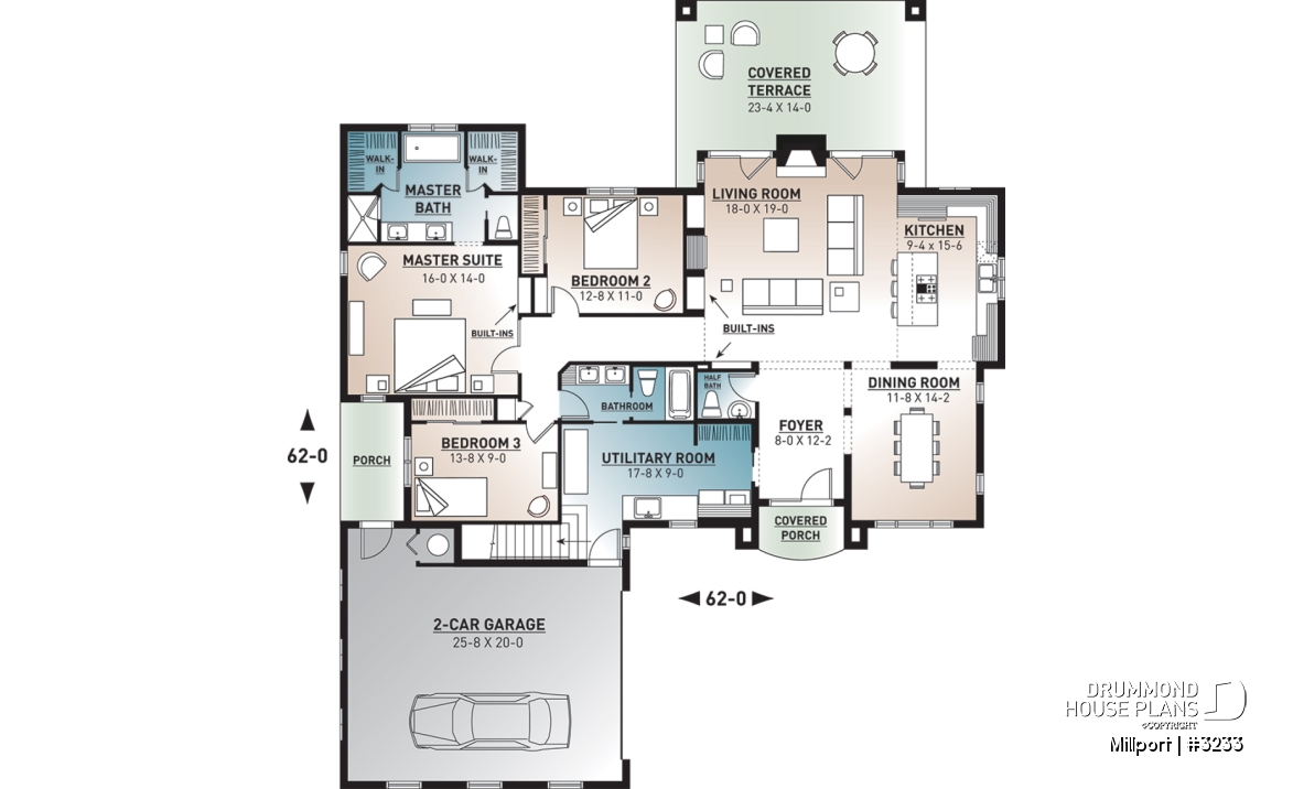 1st level - 3 bedroom ranch style house plan, 2-car garage, formal dining room, large laundry room, fireplace, deck - Millport
