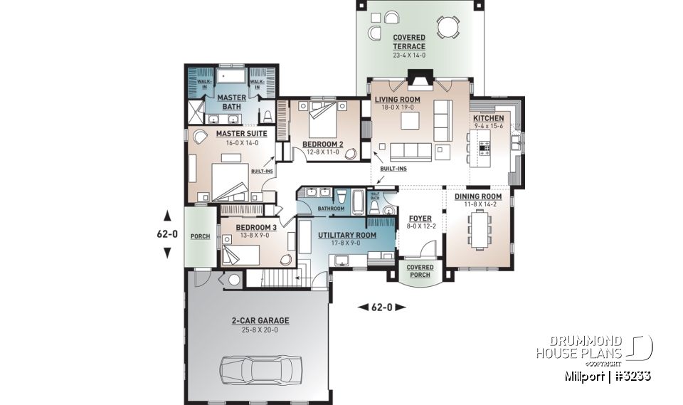 1st level - 3 bedroom ranch style house plan, 2-car garage, formal dining room, large laundry room, fireplace, deck - Millport