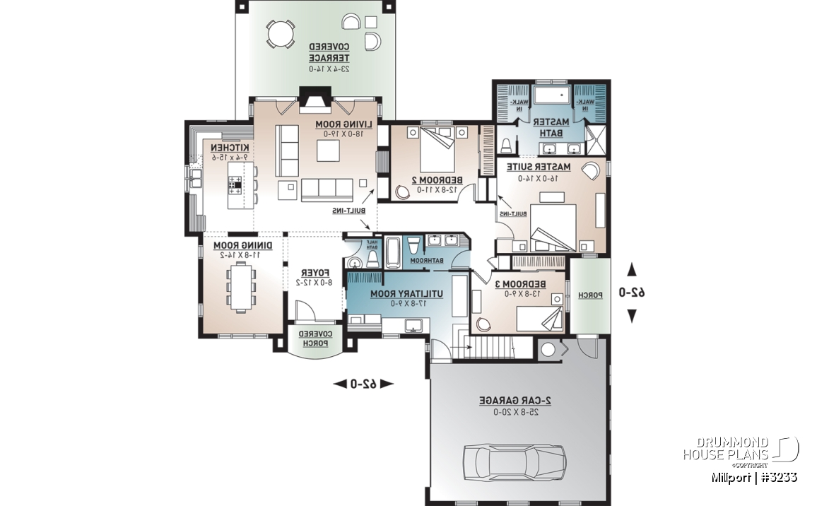 1st level - 3 bedroom ranch style house plan, 2-car garage, formal dining room, large laundry room, fireplace, deck - Millport