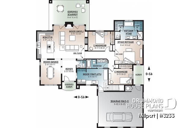 1st level - 3 bedroom ranch style house plan, 2-car garage, formal dining room, large laundry room, fireplace, deck - Millport