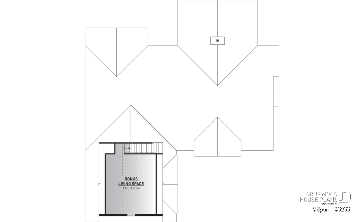 Bonus space - 3 bedroom ranch style house plan, 2-car garage, formal dining room, large laundry room, fireplace, deck - Millport
