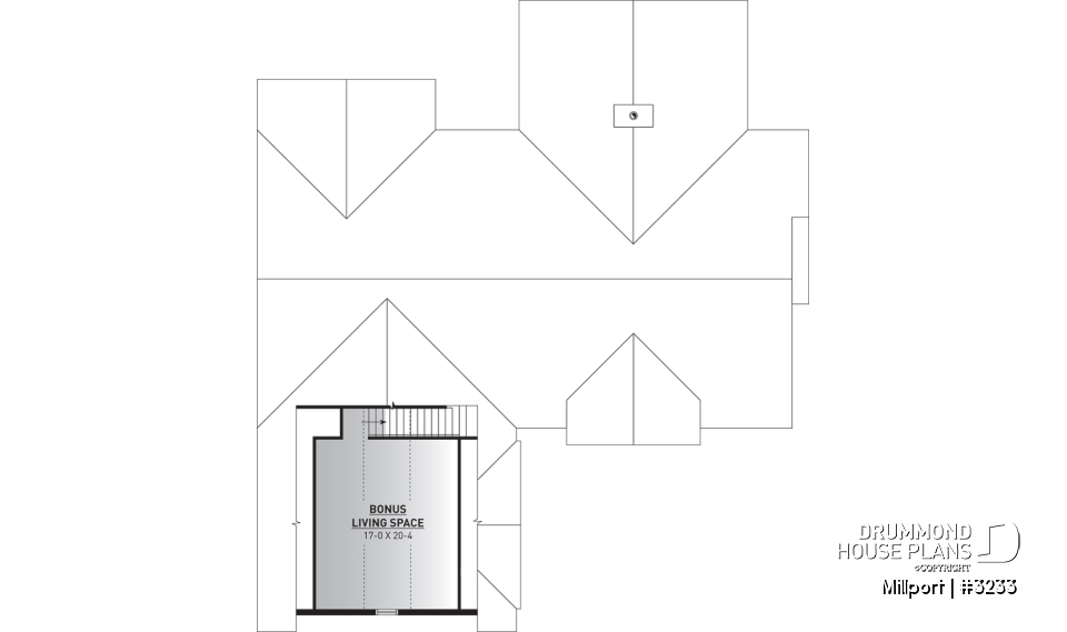 Bonus space - 3 bedroom ranch style house plan, 2-car garage, formal dining room, large laundry room, fireplace, deck - Millport