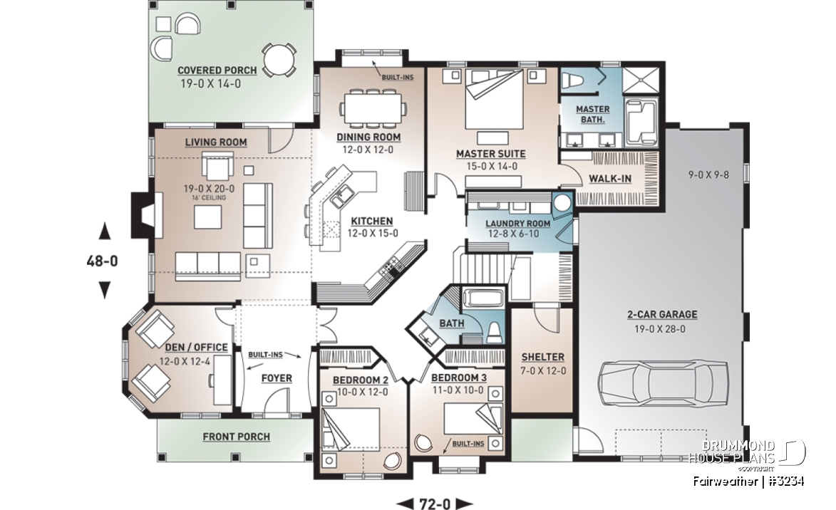1st level - 3 to 4 bedroom ranch home plan, split bedrooms, large master suite, 2-car side-entry garage, large family room - Fairweather
