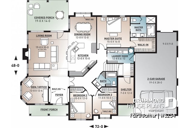 1st level - 3 to 4 bedroom ranch home plan, split bedrooms, large master suite, 2-car side-entry garage, large family room - Fairweather