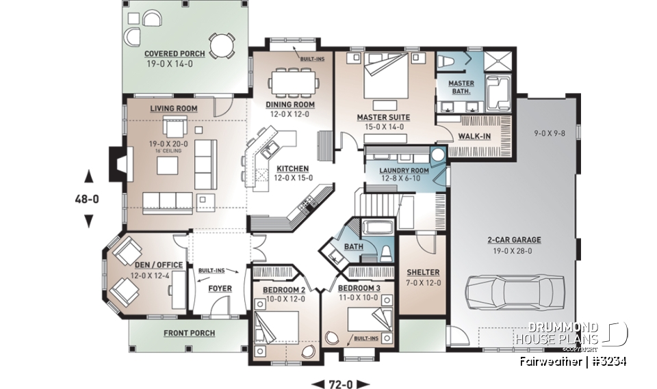 1st level - 3 to 4 bedroom ranch home plan, split bedrooms, large master suite, 2-car side-entry garage, large family room - Fairweather