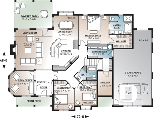 1st level - 3 to 4 bedroom ranch home plan, split bedrooms, large master suite, 2-car side-entry garage, large family room - Fairweather