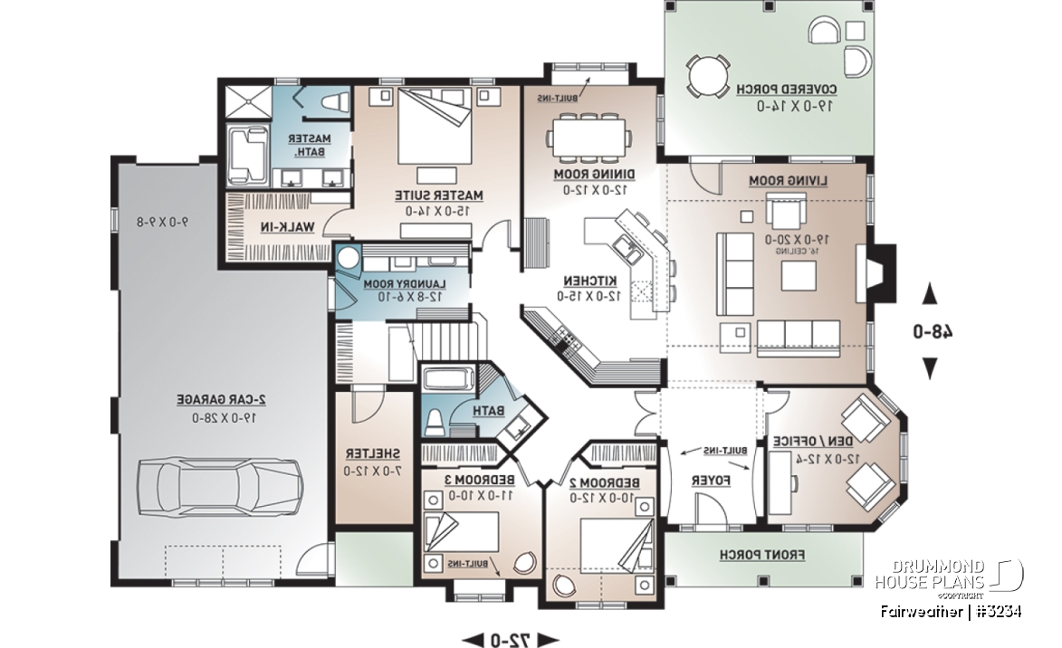 1st level - 3 to 4 bedroom ranch home plan, split bedrooms, large master suite, 2-car side-entry garage, large family room - Fairweather