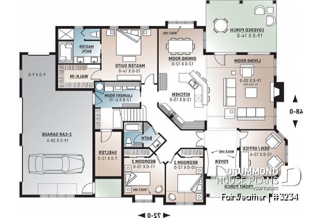 1st level - 3 to 4 bedroom ranch home plan, split bedrooms, large master suite, 2-car side-entry garage, large family room - Fairweather