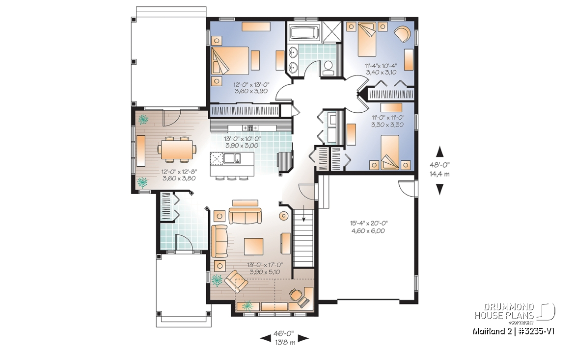 1st level - Country style ranch house plan with 3 bedrooms, open floor plan, covered patio and garage - Maitland 2