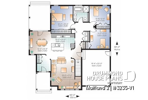 1st level - Country style ranch house plan with 3 bedrooms, open floor plan, covered patio and garage - Maitland 2