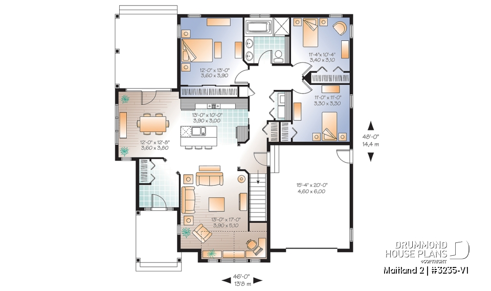 1st level - Country style ranch house plan with 3 bedrooms, open floor plan, covered patio and garage - Maitland 2