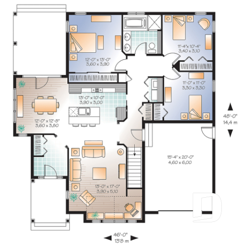 1st level - Country style ranch house plan with 3 bedrooms, open floor plan, covered patio and garage - Maitland 2