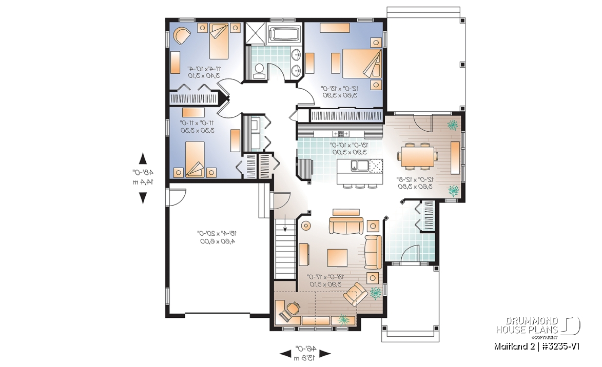 1st level - Country style ranch house plan with 3 bedrooms, open floor plan, covered patio and garage - Maitland 2