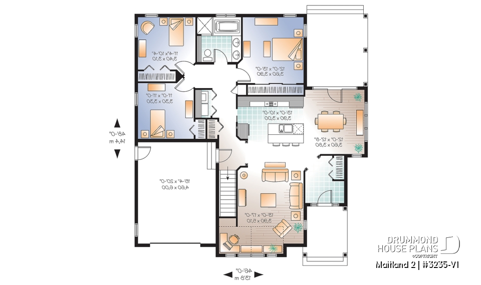 1st level - Country style ranch house plan with 3 bedrooms, open floor plan, covered patio and garage - Maitland 2